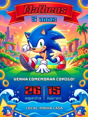 Convite Digital Tema Sonic Videogame Editável