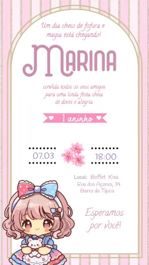 Convite de Aniversário Infantil Boneca Chibi Rosa para Editar