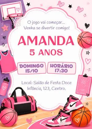 Convite de Aniversário Basquete Menina Rosa Editável