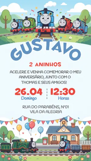 Convite Digital Aniversário Trenzinho Thomas Editável