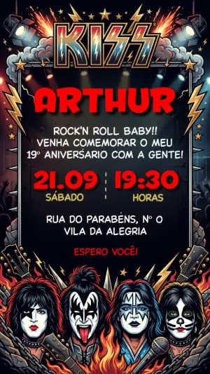 Convite de Aniversário Rock'n'Roll Kiss Editável