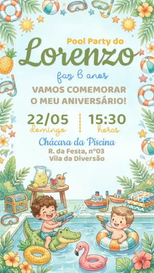 Convite de Aniversário Pool Party Menino Aquarela Editável