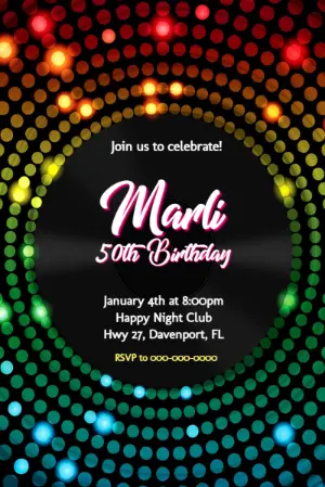 Editable Disco Birthday Party Invitation with Colorful Lights