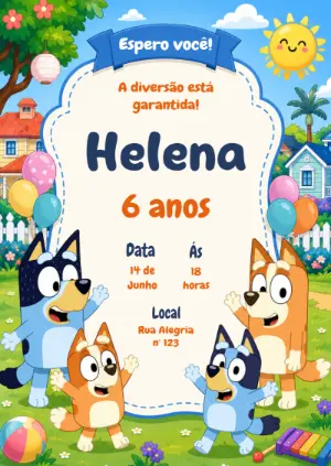 Convite de Aniversário Bluey e Bingo | Modelo Digital para Editar