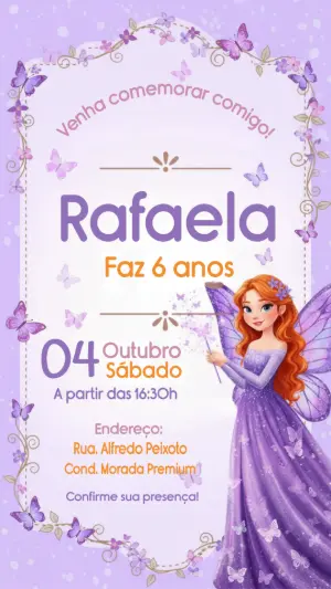 Convite de Aniversário Fada e Borboletas Lilás Editável
