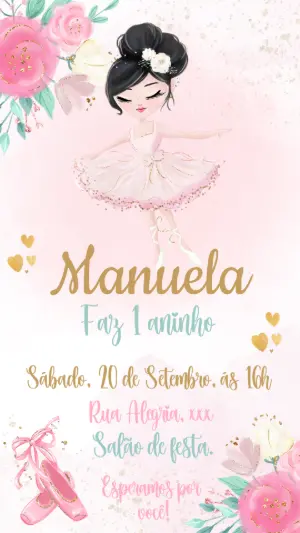 Convite Aniversário Bailarina Aquarela para Editar Online