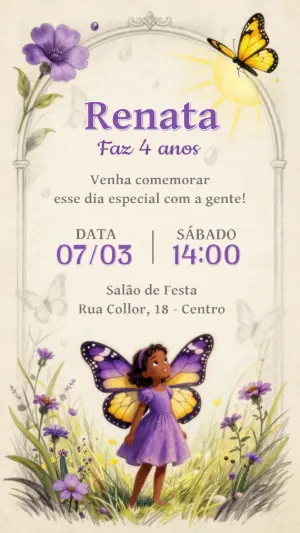 Convite de Aniversário Fada Borboleta Lilás Modelo Editável