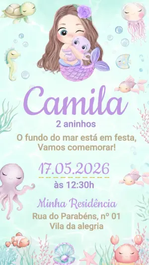Convite de Aniversário Sereia Aquarela Fundo do Mar Editável