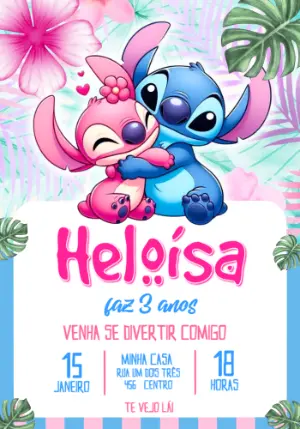 Convite de Aniversário Stitch e Angel Tropical para Editar