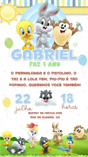 Convite de Aniversário Baby Looney Tunes para Editar Online