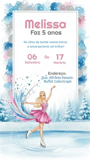 Convite de Aniversário Barbie Patinadora no Gelo para Editar