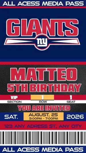 Editable Football Ticket Birthday New York Giants Invitation Template