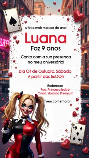 Convite de Aniversário Arlequina para Editar Online