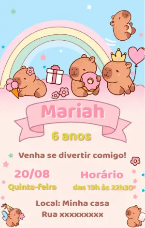Convite de Aniversário Capivara Fofo para Editar