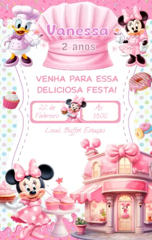 Convite Aniversário Confeitaria da Minnie para Editar Online