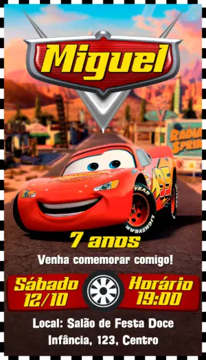 Convite de Aniversário Carros com Relâmpago McQueen para Editar