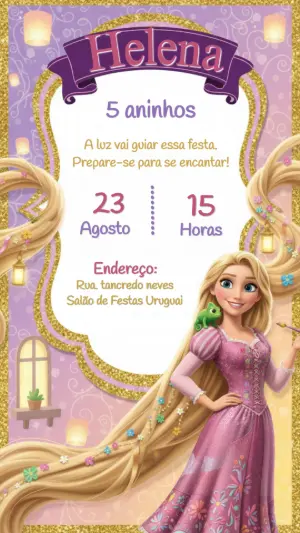 Convite de Aniversário Enrolados Rapunzel Roxo e Dourado Editável