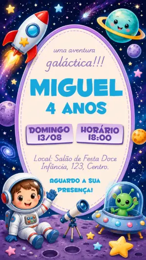 Convite de Aniversário Infantil Astronauta no Espaço Editável