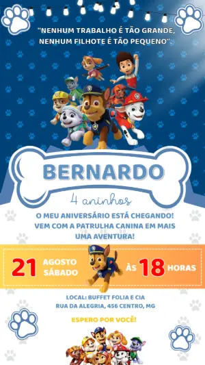 Convite de Aniversário Patrulha Canina para Editar Online
