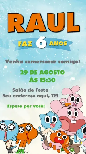 Convite de Aniversário Gumball Colorido para Editar