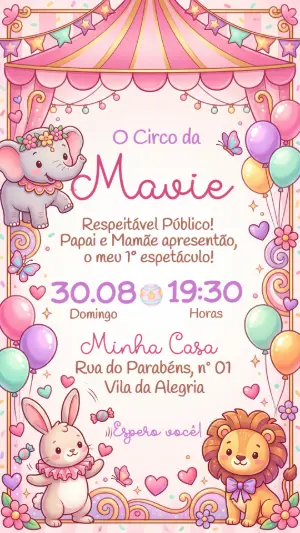 Convite de Aniversário Circo Rosa Menina Editável