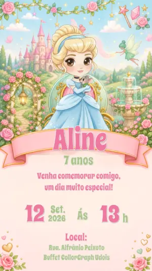 Convite Digital Aniversário Cinderela para Editar
