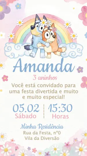 Convite de Aniversário Bluey Menina Aquarela Editável