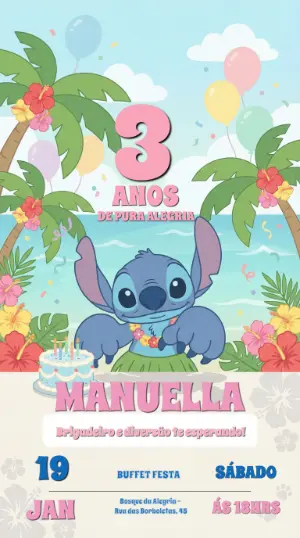 Invitación de cumpleaños Stitch – Estático – Convites Digitais Exclusivos