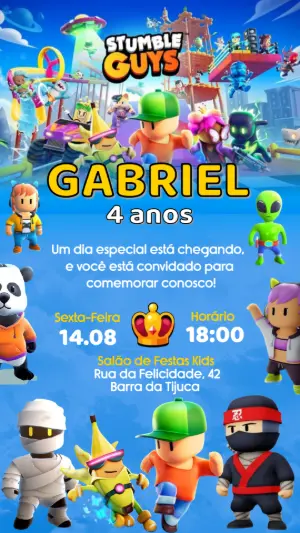 Convite de Aniversário Stumble Guys com Personagens para Editar