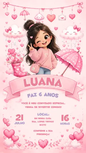 Convite Aniversário Chuva de Amor Menina Rosa Editável
