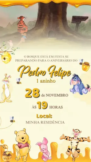 Convite Animado Aniversário Ursinho Pooh para Editar Online