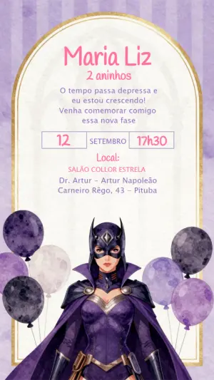 Convite de Aniversário Super-heroína Roxo Editável