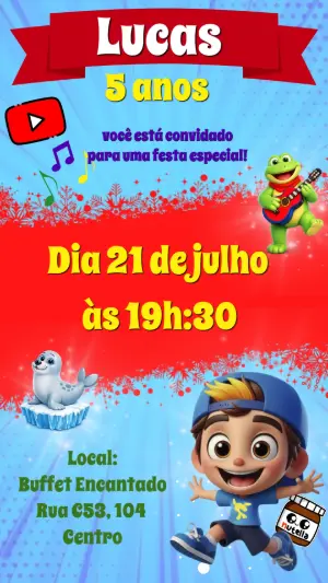 Convite de Aniversário Infantil YouTuber Luccas Neto Editável