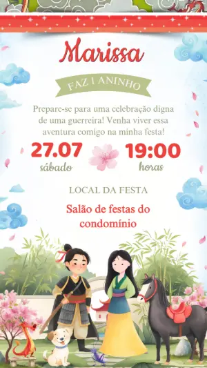 Convite de Aniversário Mulan com Personagens para Editar Online