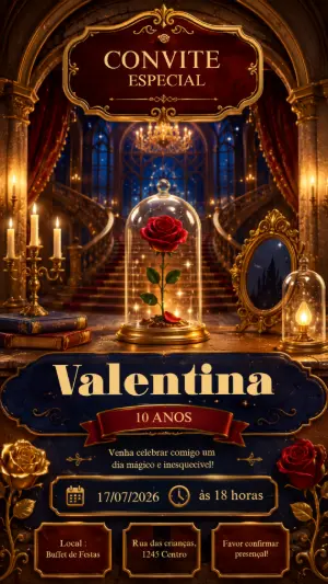 Convite de Aniversário A Bela e a Fera Elegante para Editar