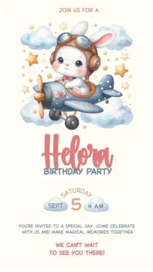 Cute Bunny Pilot Birthday Invitation Editable Template