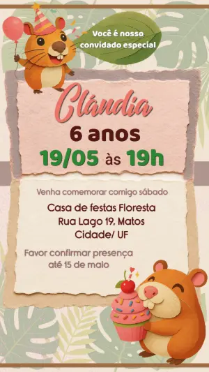 Convite de Aniversário Infantil Capivara Fofo Editável