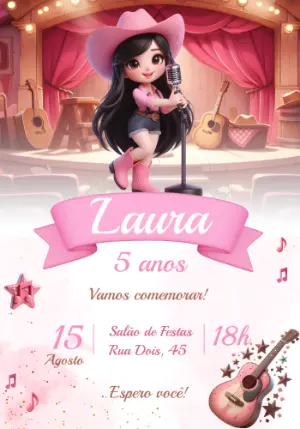 Convite Aniversário Cowgirl Boiadeira Rosa para Editar Online