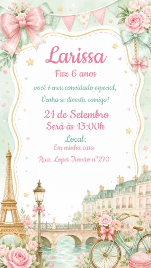 Convite de Aniversário Paris Aquarela | Modelo Editável