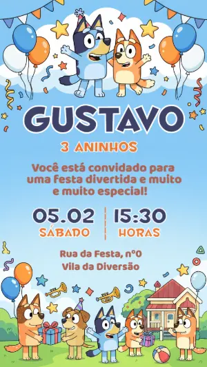 Convite de Aniversário Bluey Infantil Colorido para Editar