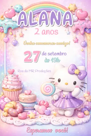 Convite de Aniversário Infantil Hello Kitty Candy Editável