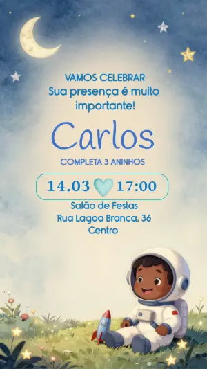Convite de Aniversário Infantil Astronauta Fofo Editável