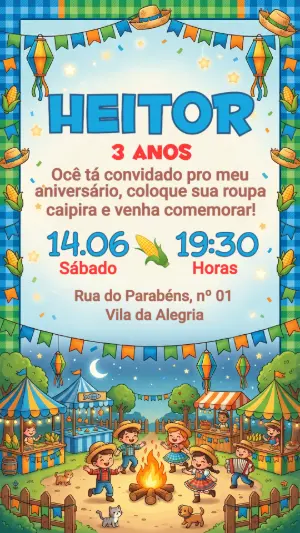 Convite Festa Junina Infantil Colorido para Editar Online