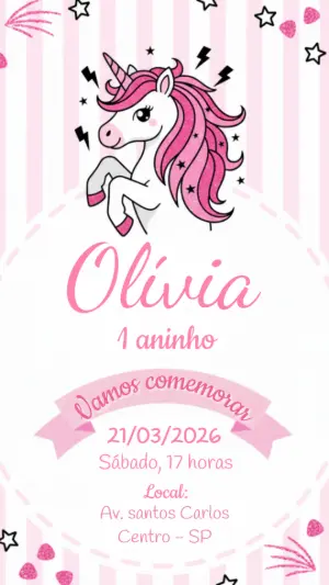 Convite de Aniversário Unicórnio Rosa com Brilho para Editar