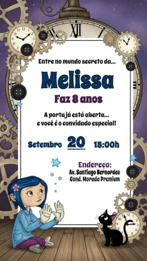 Convite Aniversário Coraline Mundo Secreto para Editar Online