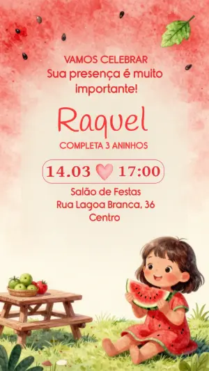 Convite de Aniversário Infantil Melancia Fofo para Editar