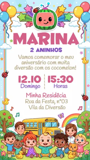 Convite de Aniversário Cocomelon Colorido para Editar