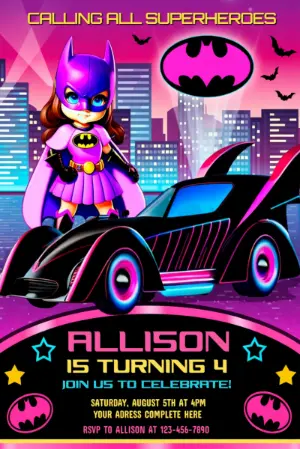 Pink Batgirl Superhero Birthday Invitation | Editable Digital Template