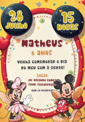 Convite de Aniversário Mickey e Minnie Mouse para Editar Online