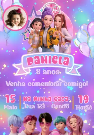 Convite de Aniversário Guerreiras do K-Pop com Foto para Editar